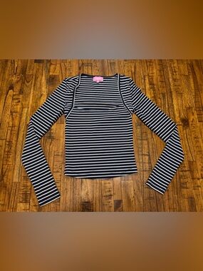 Edikted Navy and White Striped Long-Sleeve Tee size XS